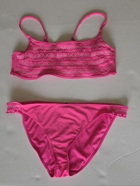 Pink two pieces regular bikini smocked top adjustable straps ruffle Beach Summer